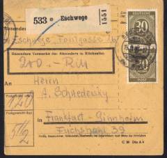 MeF Nr.928 ((4) c-Farbe auf Wertpaketkarte (+20Pfg. Wertgebühr) für ein Paket 5,5 Kg - 2. Zone / Eschwege 15.8.47