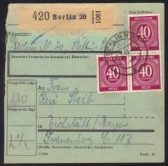 MeF Nr.929 (3) auf Paketkarte auf grünem Postgutkarton gedruckt für ein Paket 2,5 KG - 4. Zone / Berlin 17.3.48