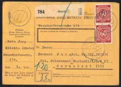 933a MeF (2) auf vollständiger alter DR-Paketkarte für ein Paket 3,5 Kg - 3. Zone in das Zivil-Interniertenlager Darmstadt / Mitwitz 9.8.46