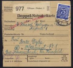 MeF Nr.934 (2) auf seltener weißer statt rosa Doppel-Notpaketkarte als Paketkarte 4 Kg - 3. Zone / Eßlingen 18.5.48,  gepr. Heddergott