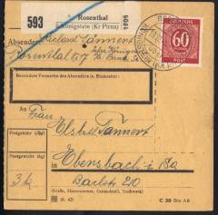 933a EF auf Paketkarte für Paket 3 Kg - 1. Zone / Landpostst. Rosenthal über Königstein 19.10.46