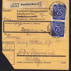 MeF Nr.934 (2) auf Selbstbucher-Paketkarte für Paket 4 Kg - 3. Zone / DR-Altstempel Frankfurt 9.4.48
