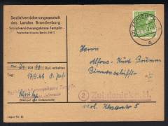 EF Nr.946a auf frankierter Sozialversicherrungsrechnung als Ortskarte / Zehdenick 9.6.48