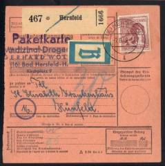 EF Nr.A956 auf orangem Auslandspostanweisungsformular-Notaufbrauch für ein kleines Beutelstück-Paket 0,5 Kg - 1. Zone / Hersfeld 7.6.48 RRR!