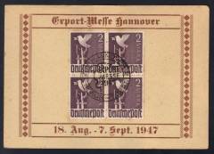 Gedenkkarte EXPO Hannover 1947 m. 4er-Block Nr. 960 !I