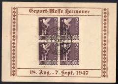 Gedenkkarte EXPO Hannover 1947 m. 4er-Block Nr. 960 !I