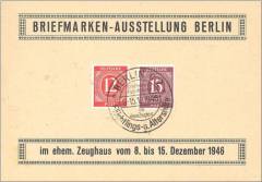 GS P954 mit Zudruck Briefmarkenausstellung BERLIN 1946 mit SST Flüchtlings- u. Altershilfe