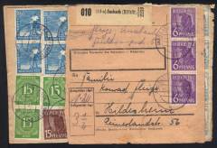 10-fach-WEST Paketkarte 100 Marken Massenfrankatur! ANSBACH 22.6.48 !!!RRR