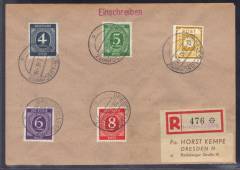 Frühverwendung Nr. 914, 915, 916 + 917 mit SBZ Nr. 47G auf Einschreibe-Ortsbrief Dresden 26.02.46!